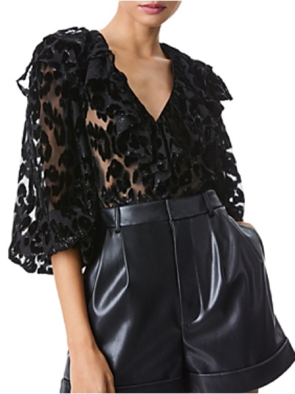 Alice + Olivia Black Sheer Velvet Burnout Ruffle Blouse